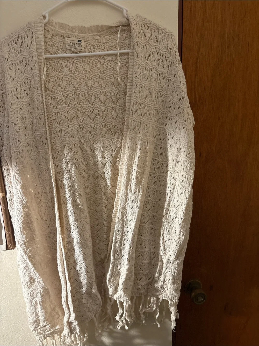 La Hearts Cream Open-Weave Fringe Cardigan